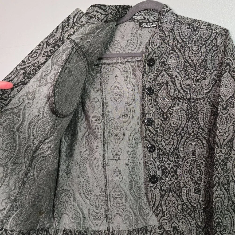 Vintage  L Tapestry Maximalist Art to‎ Wear Beaded Black Silver Shirt Jacket